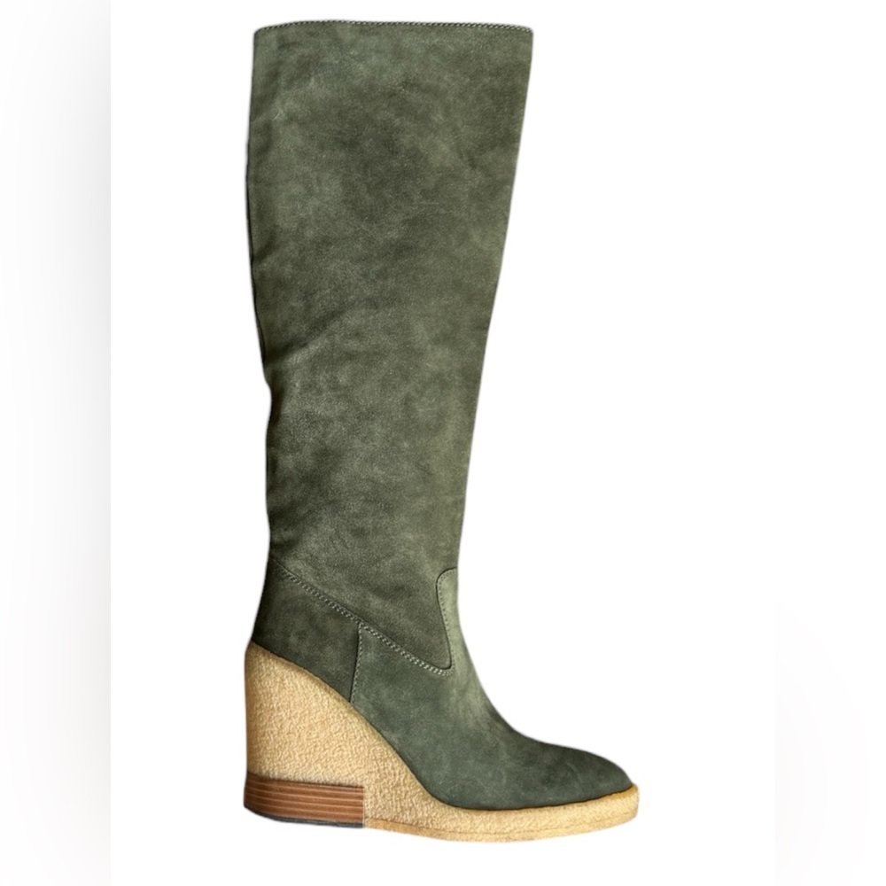 Tod's Olive Green Suede Wedge‎ Knee High Boots Women's Size 40